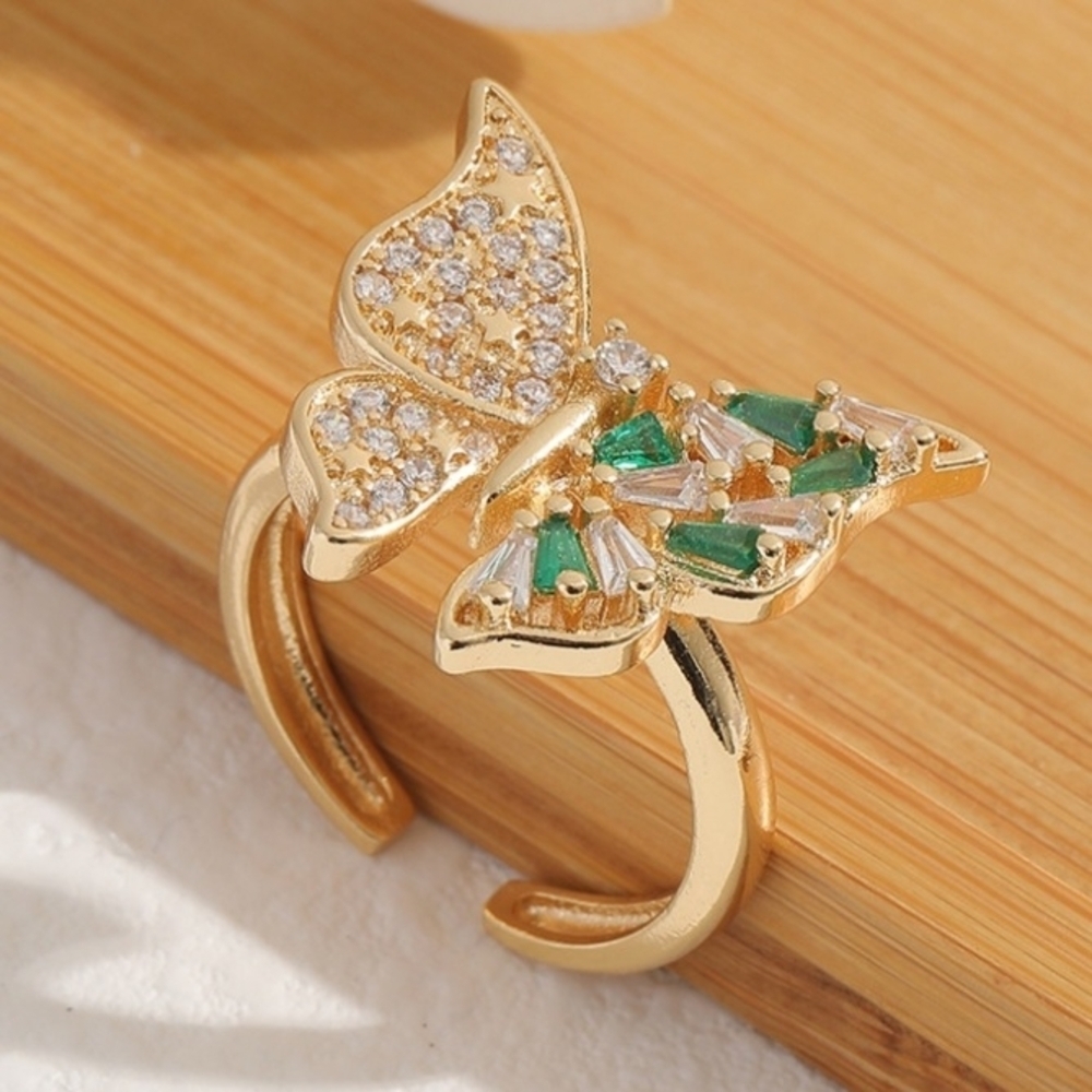 Butterfly Ring Green Zircon & Rhinestones Gold Tone Adjustable Band - Picture 8 of 10